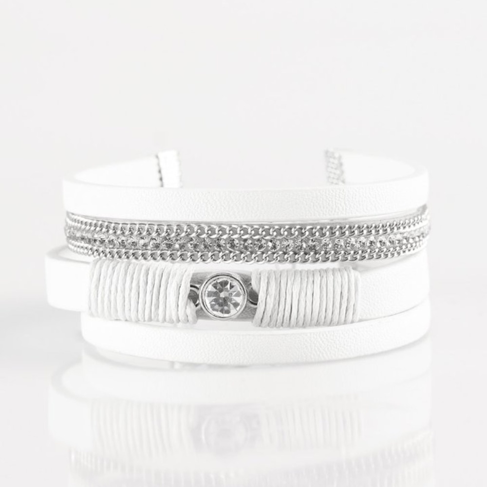 White Leather Silver Chain Rhinestone Bracelet